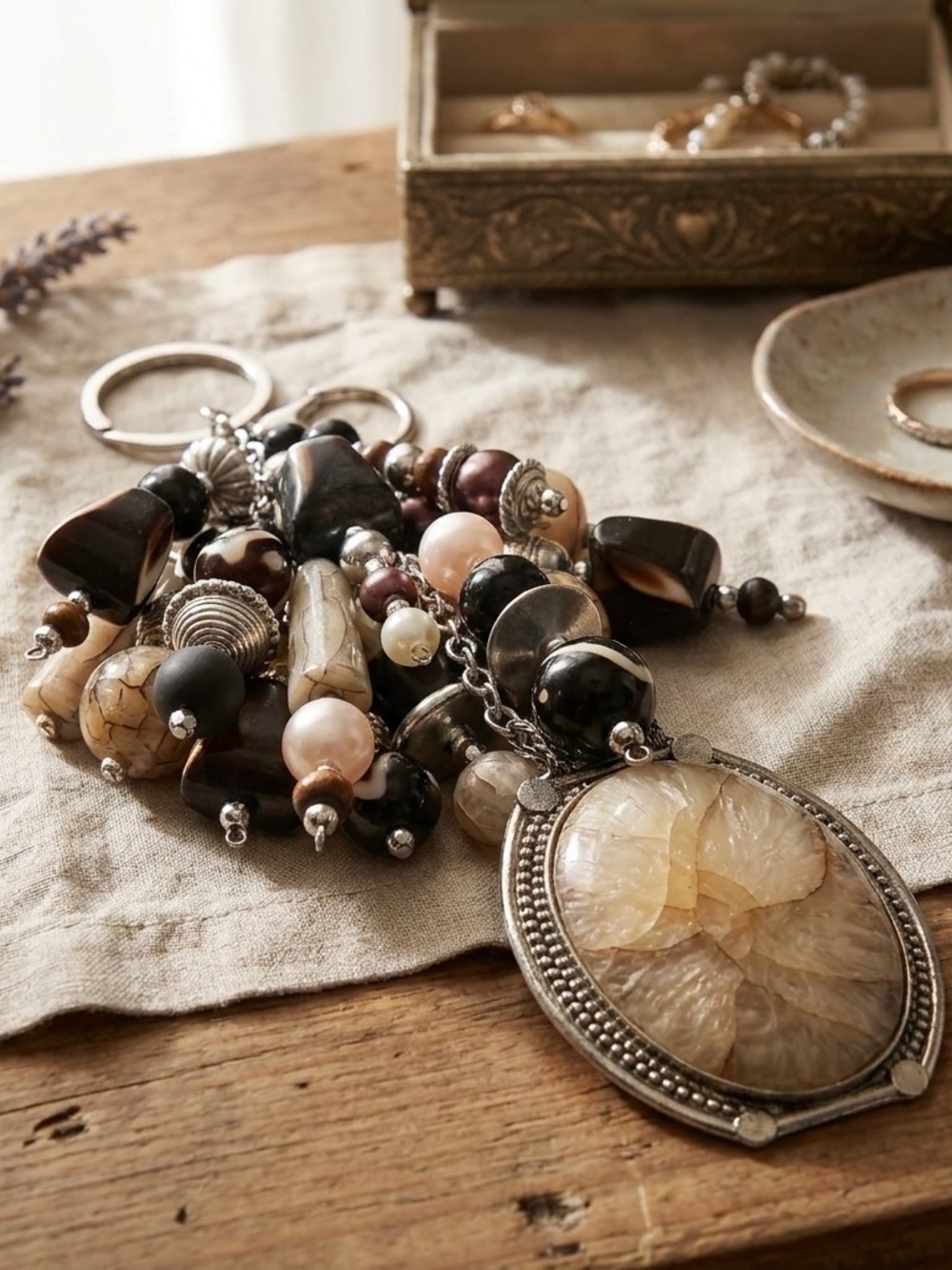 Beaded Stone and Pearl Tassel Keychain - Neutral Mixed Tones